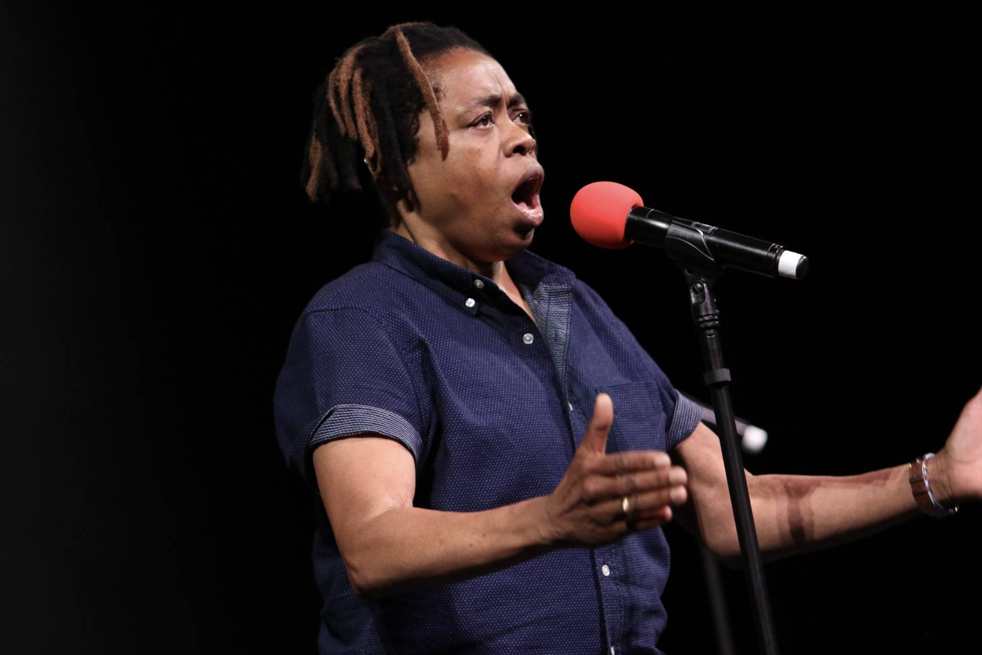 Melanie Demore sings into a microphone at Festival 2016 in Denver.