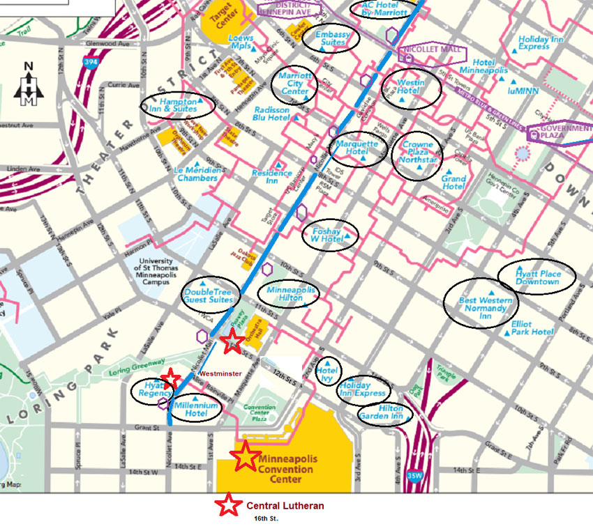 A detailed map of downtown Minneapolis with key venues and hotels for Festival 2024. For a full list of these locations refer to the text on the rest of this page.