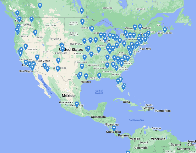 A map of North America, with a blue marker indicated the location of the nearly 200 GALA member choruses.