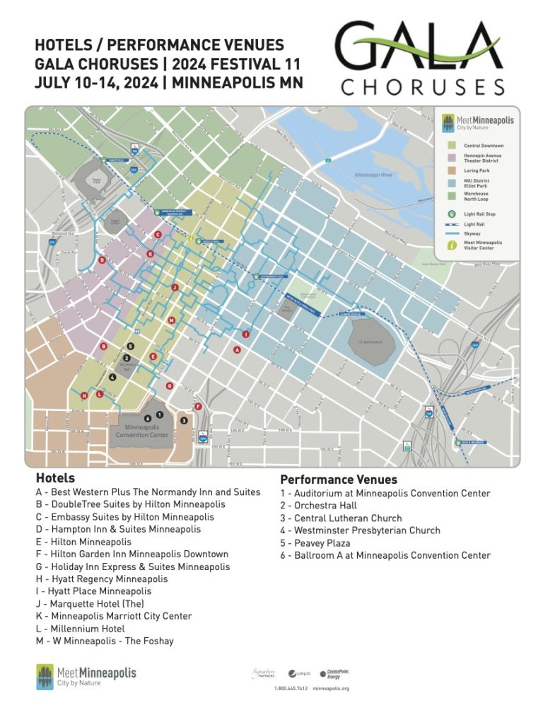 A digital map of downtown Minneapolis with hotels and venues marked.