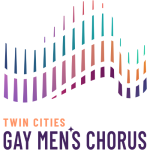 The logo for the Twin Cities Gay Men's Chorus, with a geometric ripple design in a purple, teal, and orange gradient.