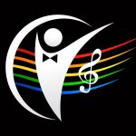 HGMC Logo, an abstract image of a person with a bowtie between a bass and treble clef, and in front of a rainbow music staff