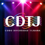 CDTJ: Coro Diversidad Tijuana Logo over a rainbow, squiggly staff line against a photo backdrop of stage lights on a curtain.