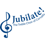 Jubilate: The Treble Choir of Corvallis logo, in dark blue laid out on a curve following a large treble clef