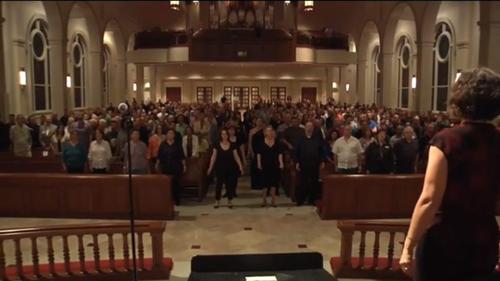 A group of people gather in a church