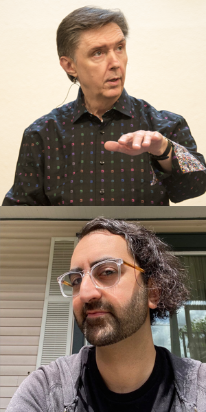 Above Will Zwozdesky conducts against a cream background, wearing a black polka dot shirt. Below Ash smiles in front of a window. They wear clear-framed glasses and a gray shirt.
