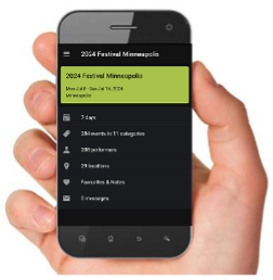 a hand holds a mobile phone showing a screen of the festival app