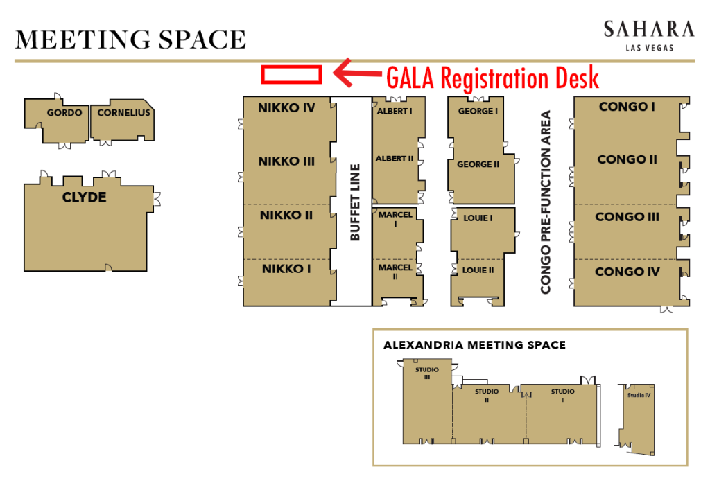 A map of the conference level at the Sahara Hotel with the phrase "GALA Registration Desk" in red with an arrow pointing a red rectangle outside of a room marked "Nikko IV."