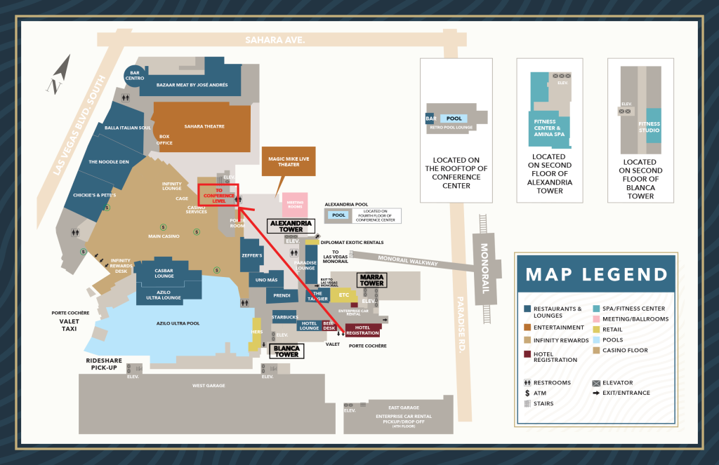 A map of the Sahara Hotel with the phrase "To Conference Level" highlighted in red.