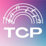 The Transcendent Choir of Philadelphia logo, on a pink, purple and blue gradient background. The logo has the letters T C P under an arced music staff line decorated with music notes