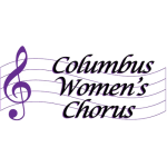 Logo for the Columbus Women's Chorus, in a calligraphic font over a purple treble staff.