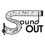Logo for Sound Out, with the S formed by a curved musical staff